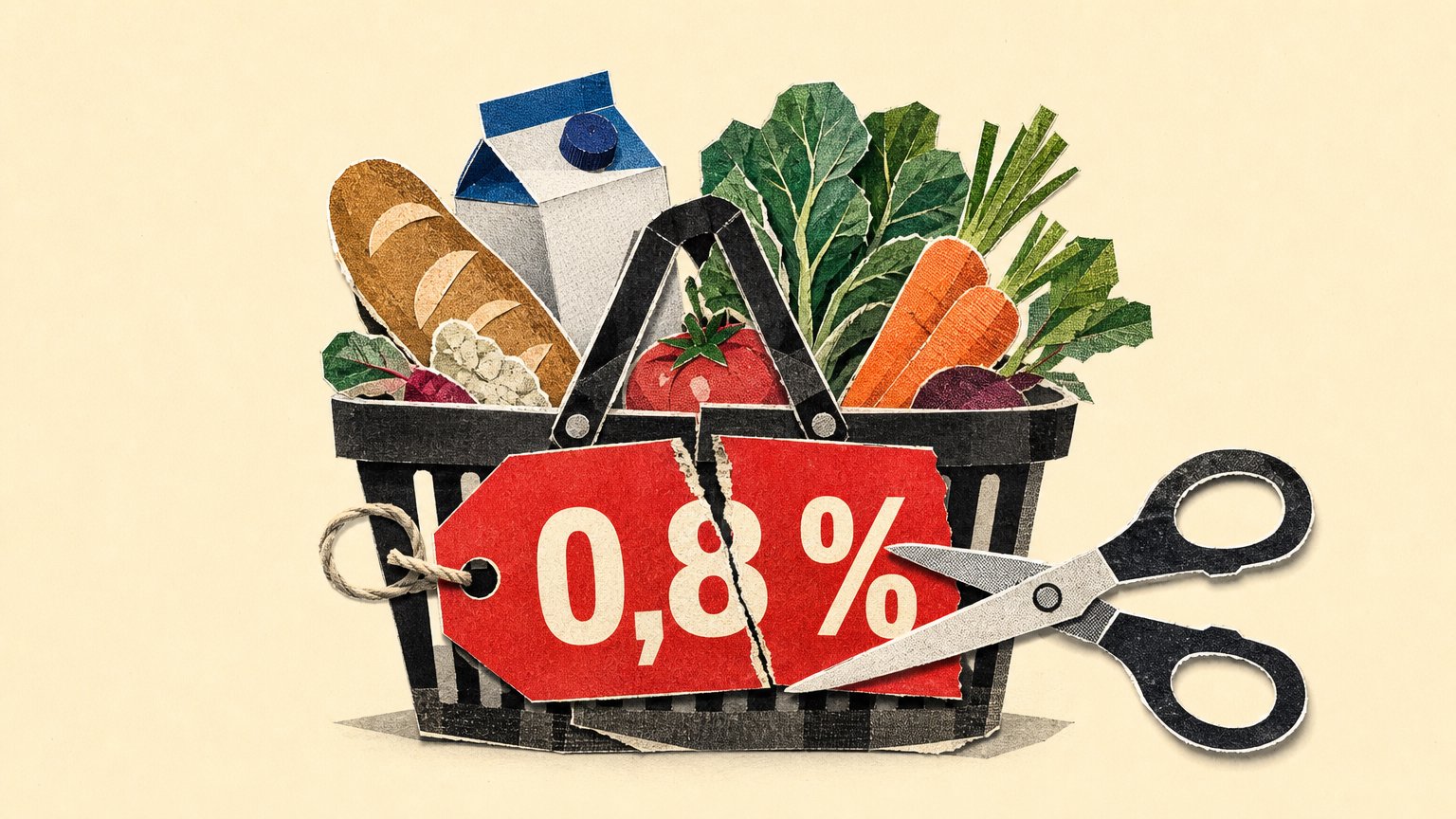 Paper collage of a basket filled with bread, milk and vegetables, with scissors cutting a red price tag marked "0,8 %".