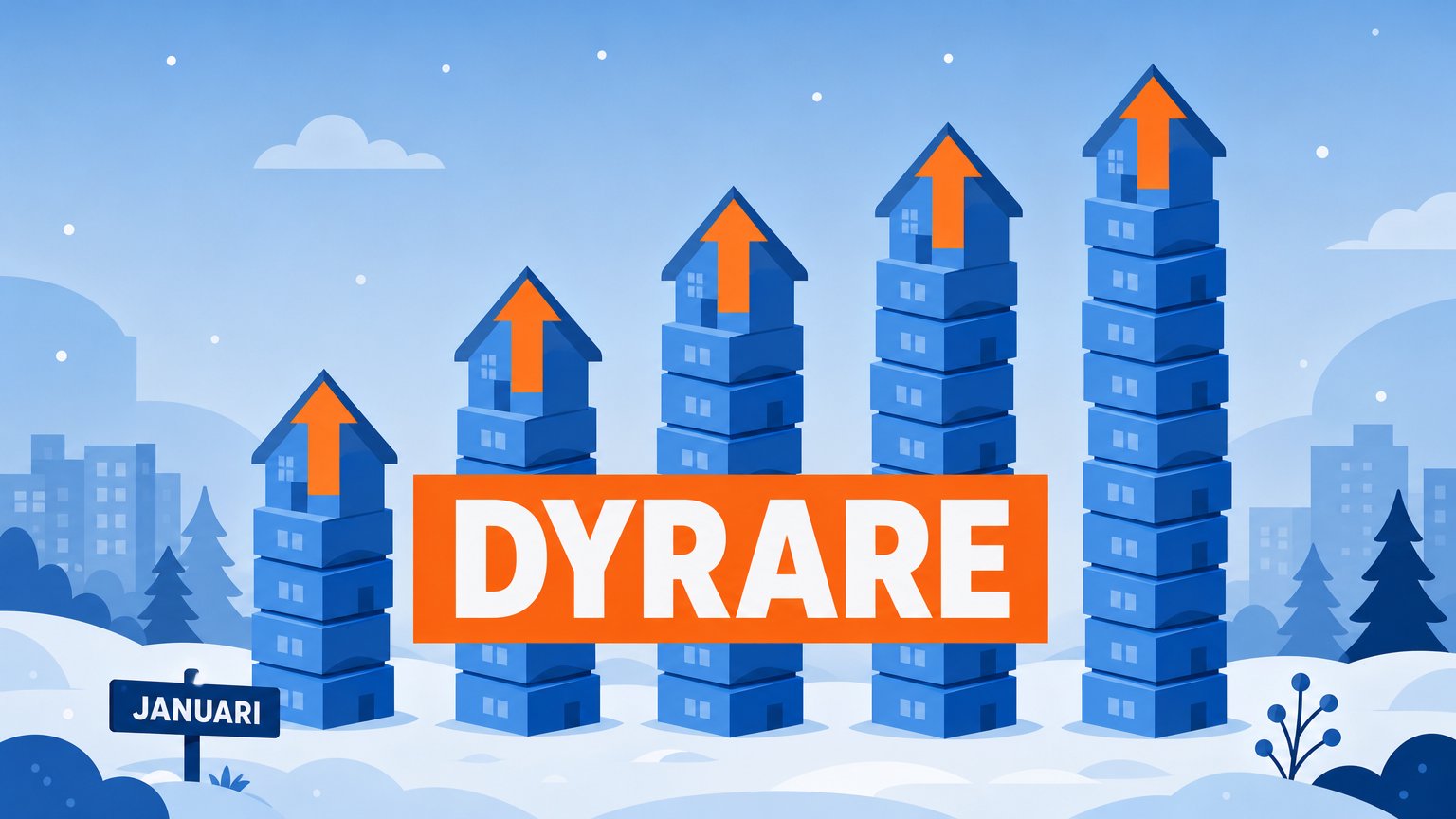 Five blue columns of stacked houses stand in snow, each with an orange upward arrow, behind a central "DYRARE" banner.