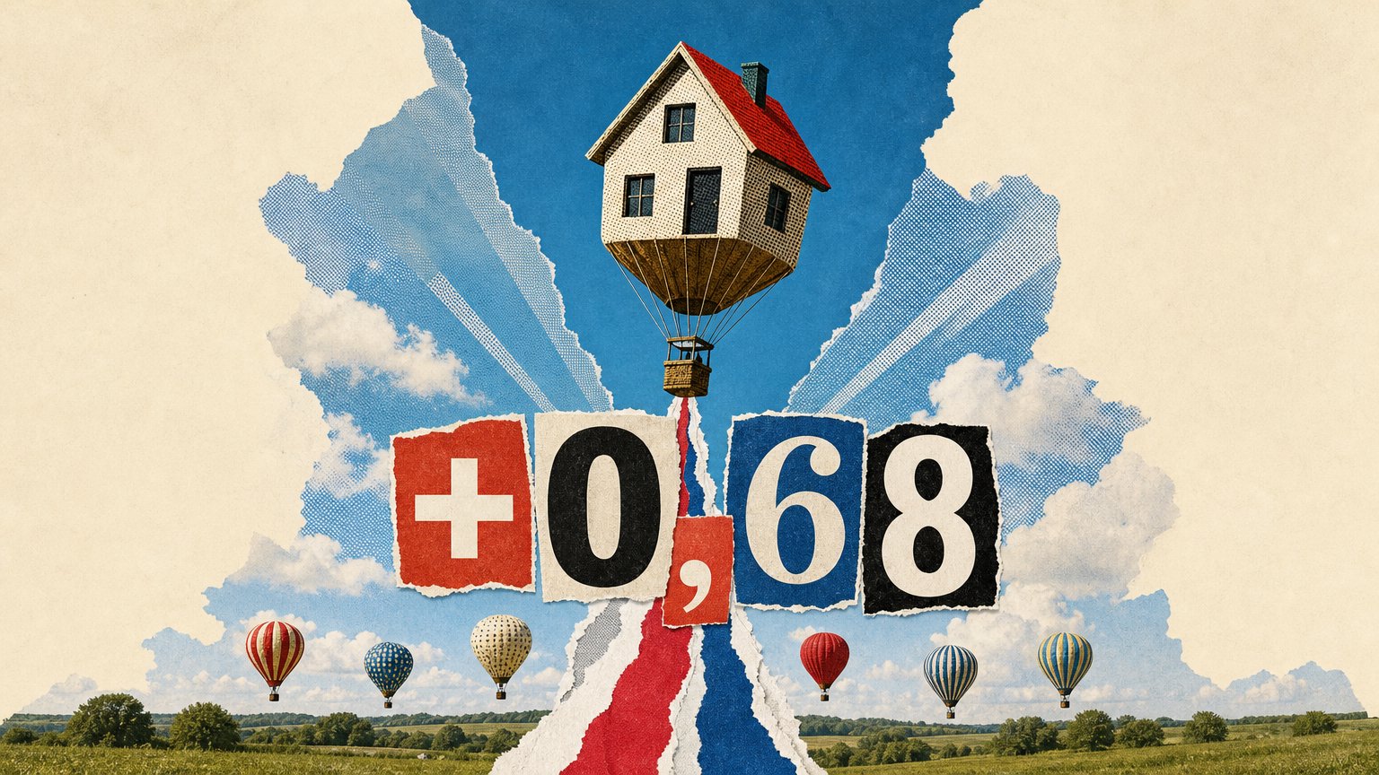 A house-shaped hot-air balloon rises above smaller balloons over green fields, with cut-out text "+0,68" in the centre.