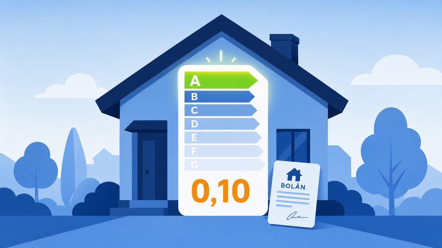 Blue house with a central energy label, a glowing green A rating, orange "0,10" and a small mortgage document beside it.