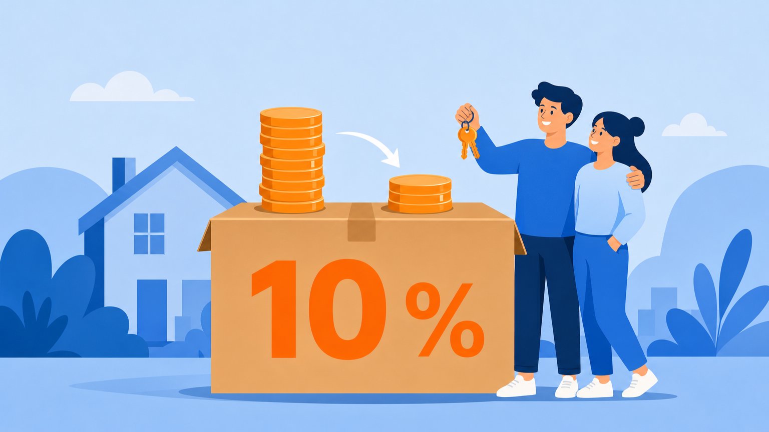 Blue illustration of a moving box marked "10 %", coin stacks decreasing in height and a young couple holding keys.