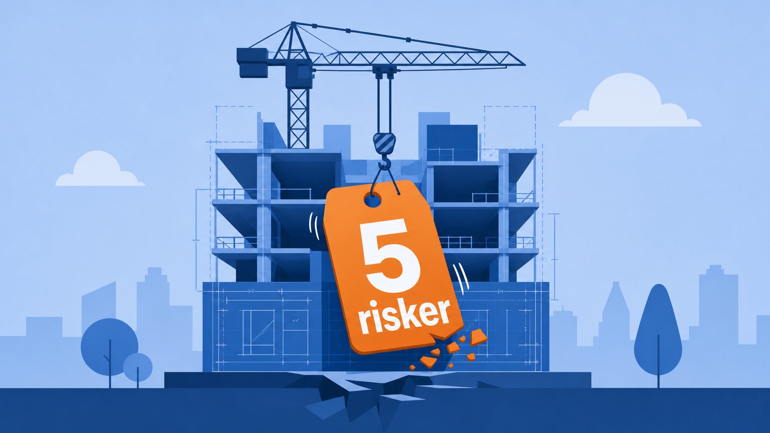 En kran sänker en orange prislapp med texten "5 risker" framför ett halvbyggt blått flerbostadshus ovanför sprucken mark.