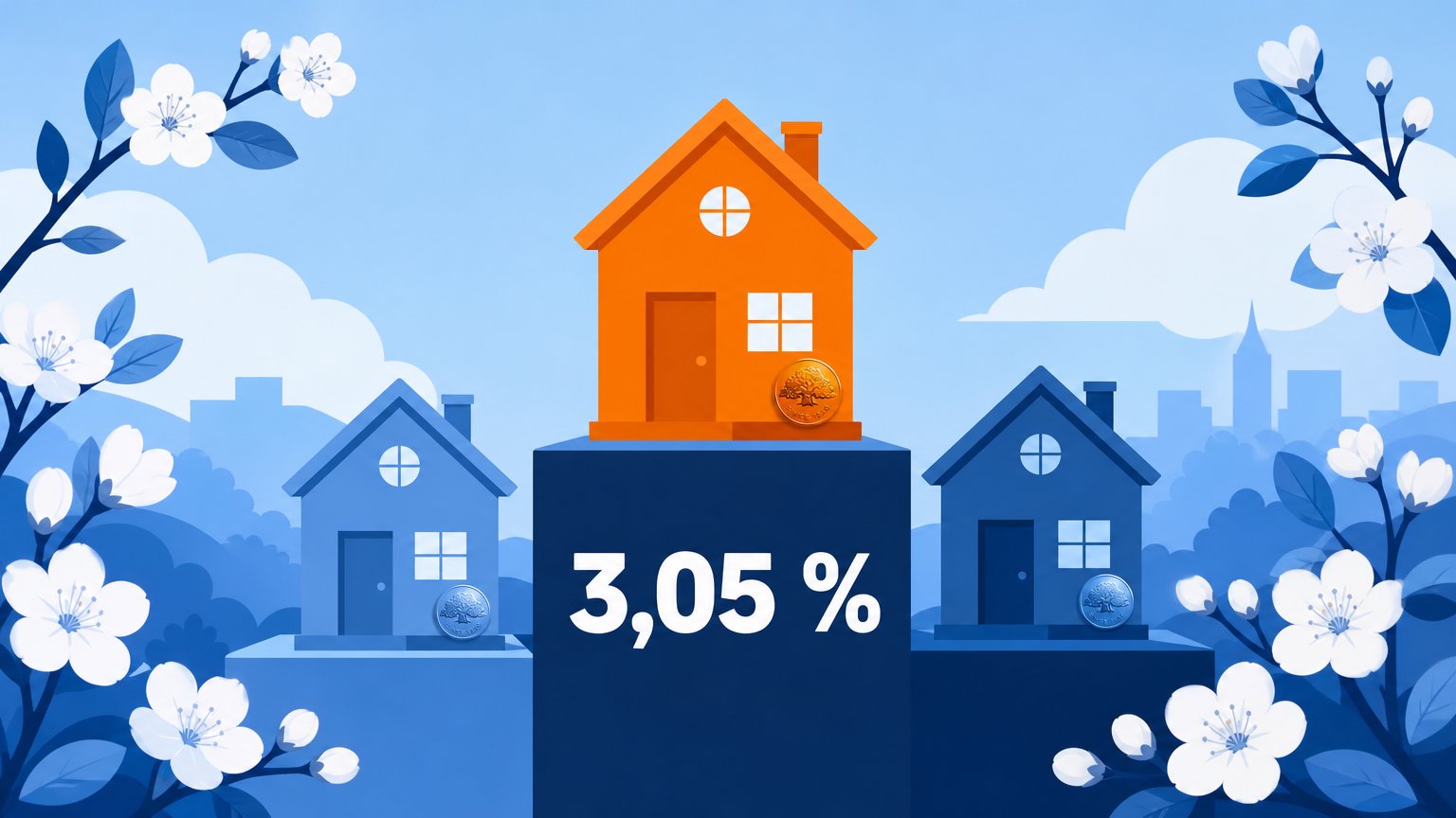 Three houses on a blue winners' podium framed by spring blossoms, with an orange house above the text "3,05 %".