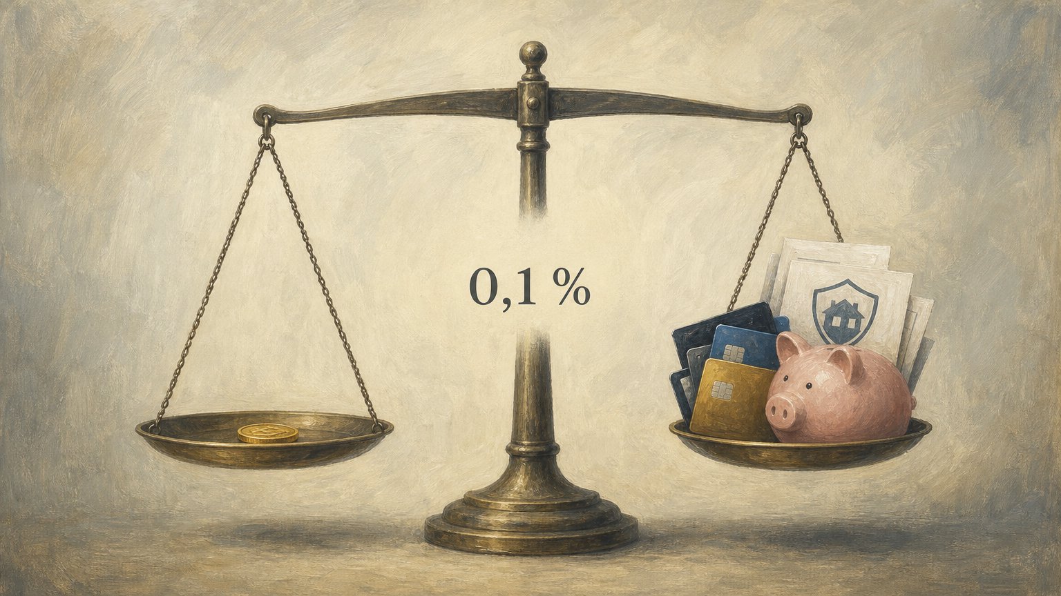 En nästan jämn balansvåg väger ett guldmynt mot bankkort, försäkringspapper och en spargris, med "0,1 %" i mitten.