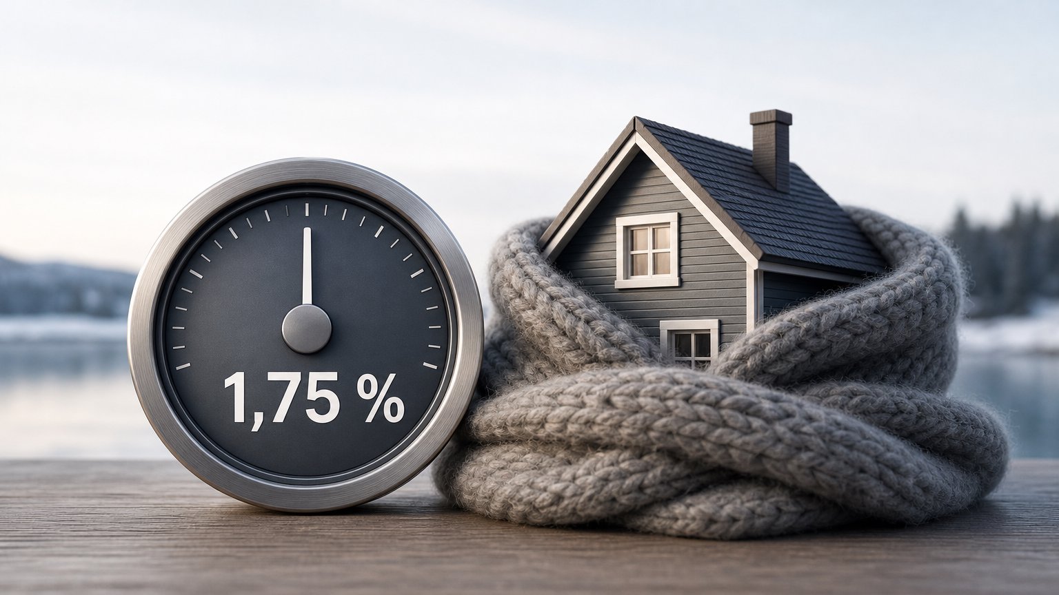 A dial with its needle centred and the text "1,75 %" stands beside a miniature house wrapped in a thick knitted blanket.