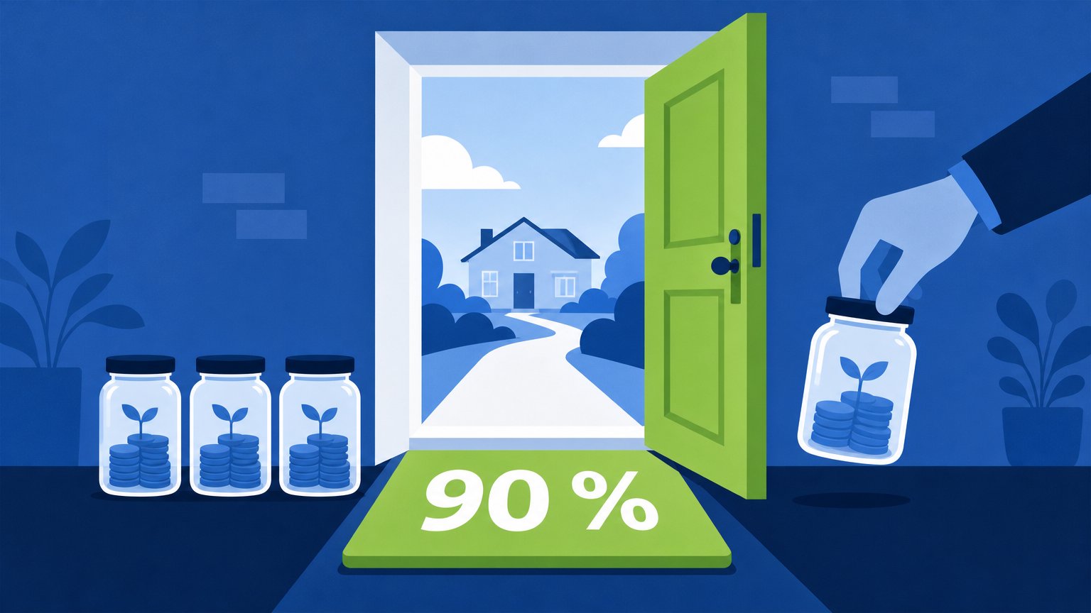 An open green front door with "90 %" on the doormat and savings jars beside it, one being lifted away by a hand.