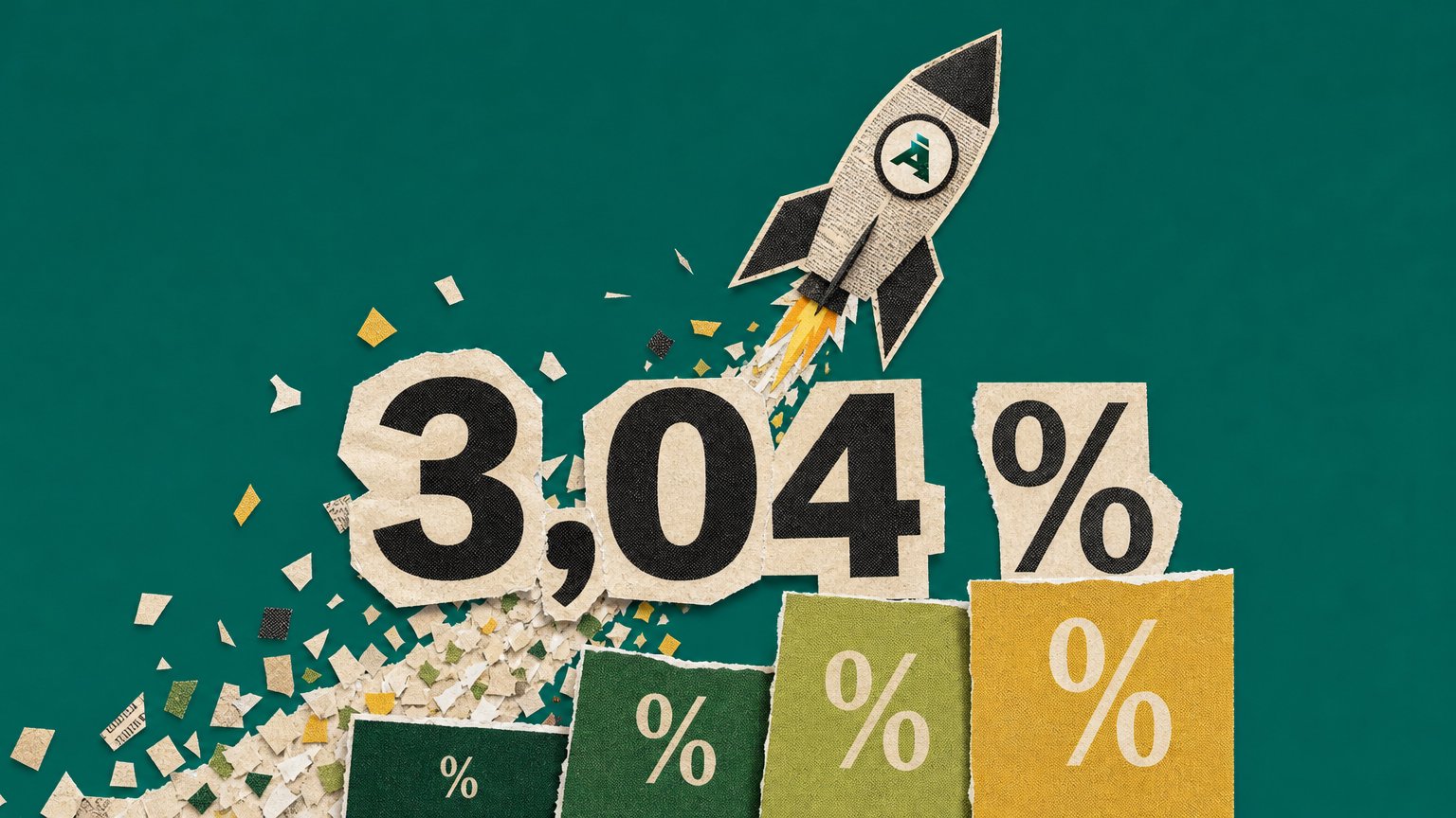 Newspaper rocket rises above torn paper steps with a confetti trail and large text "3,04 %" on a dark teal background.