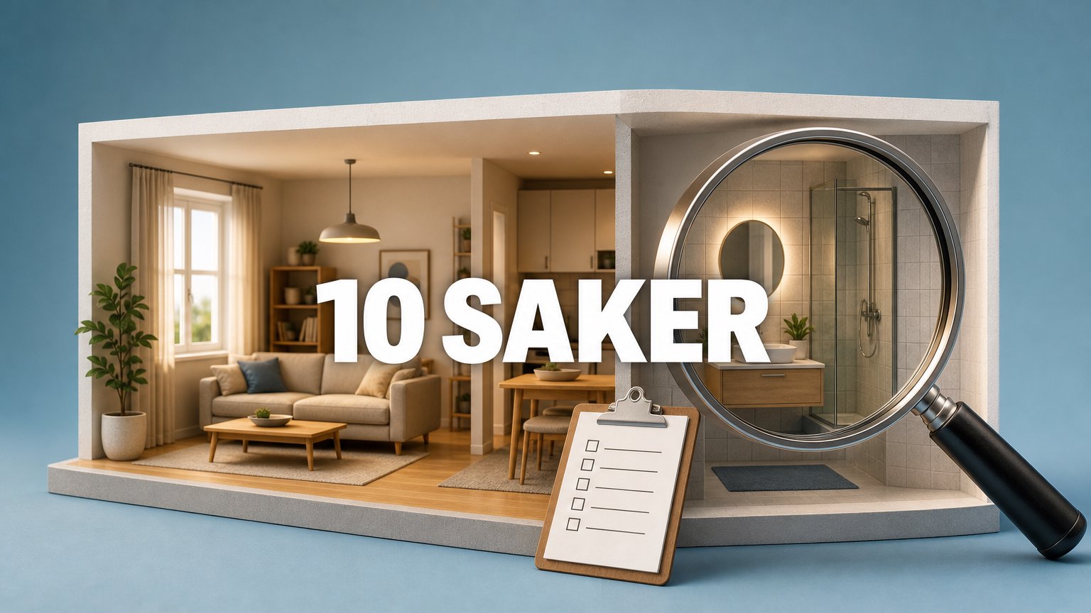 En lägenhet i genomskärning med varm inredning, ett stort förstoringsglas över badrummet, en checklista och texten "10 SAKER".