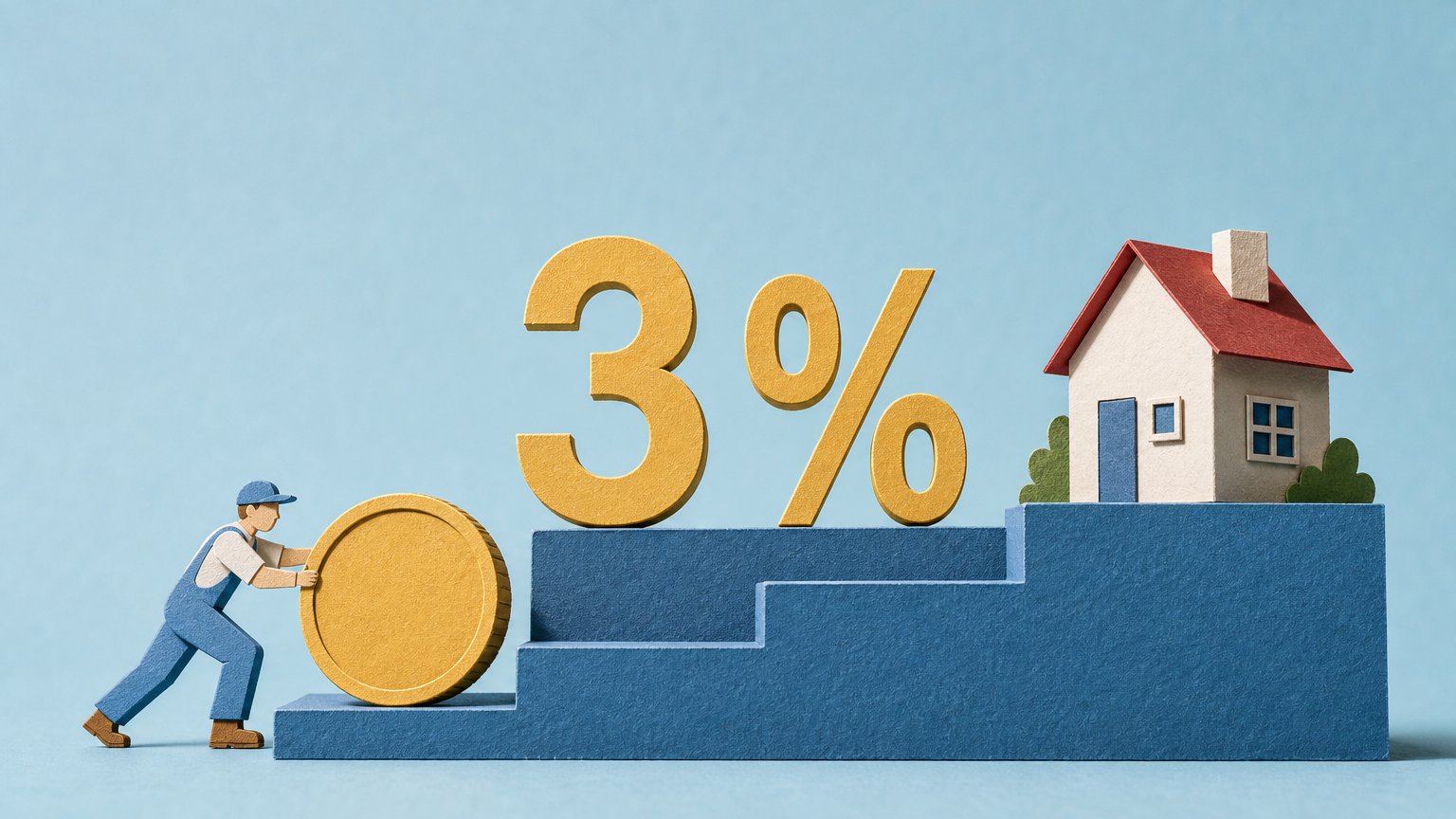 A paper worker pushes a gold coin up blue steps toward a small house, with large gold "3 %" cut-outs above.
