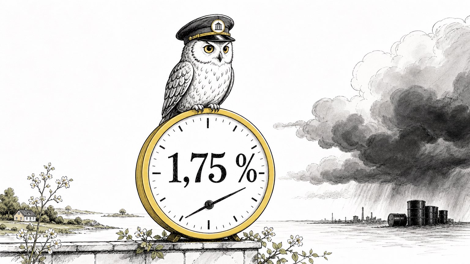 An owl in a bank officer's cap perches on a yellow clock marked "1,75 %", with storm clouds and oil drums in the distance.