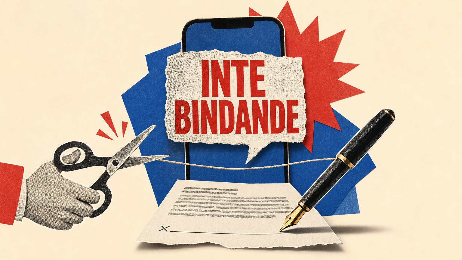 Collage med en mobil med "INTE BINDANDE", en sax som klipper ett snöre och en reservoarpenna över ett osignerat avtal.