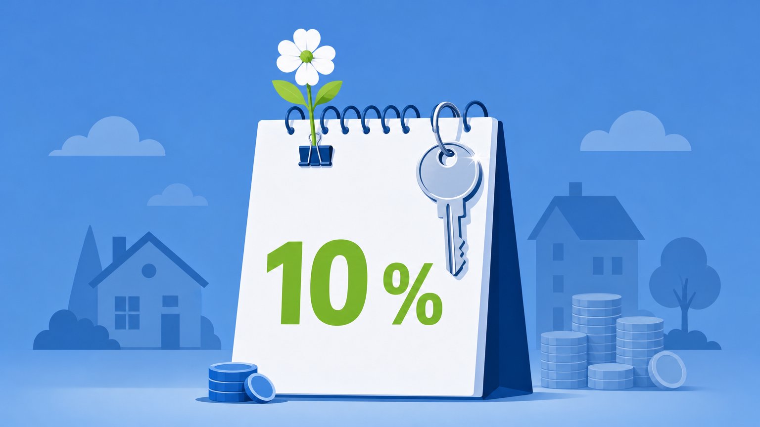 A spiral calendar marked "10 %", with a clipped spring flower, a hanging key and a small coin pile beside a larger faded pile.