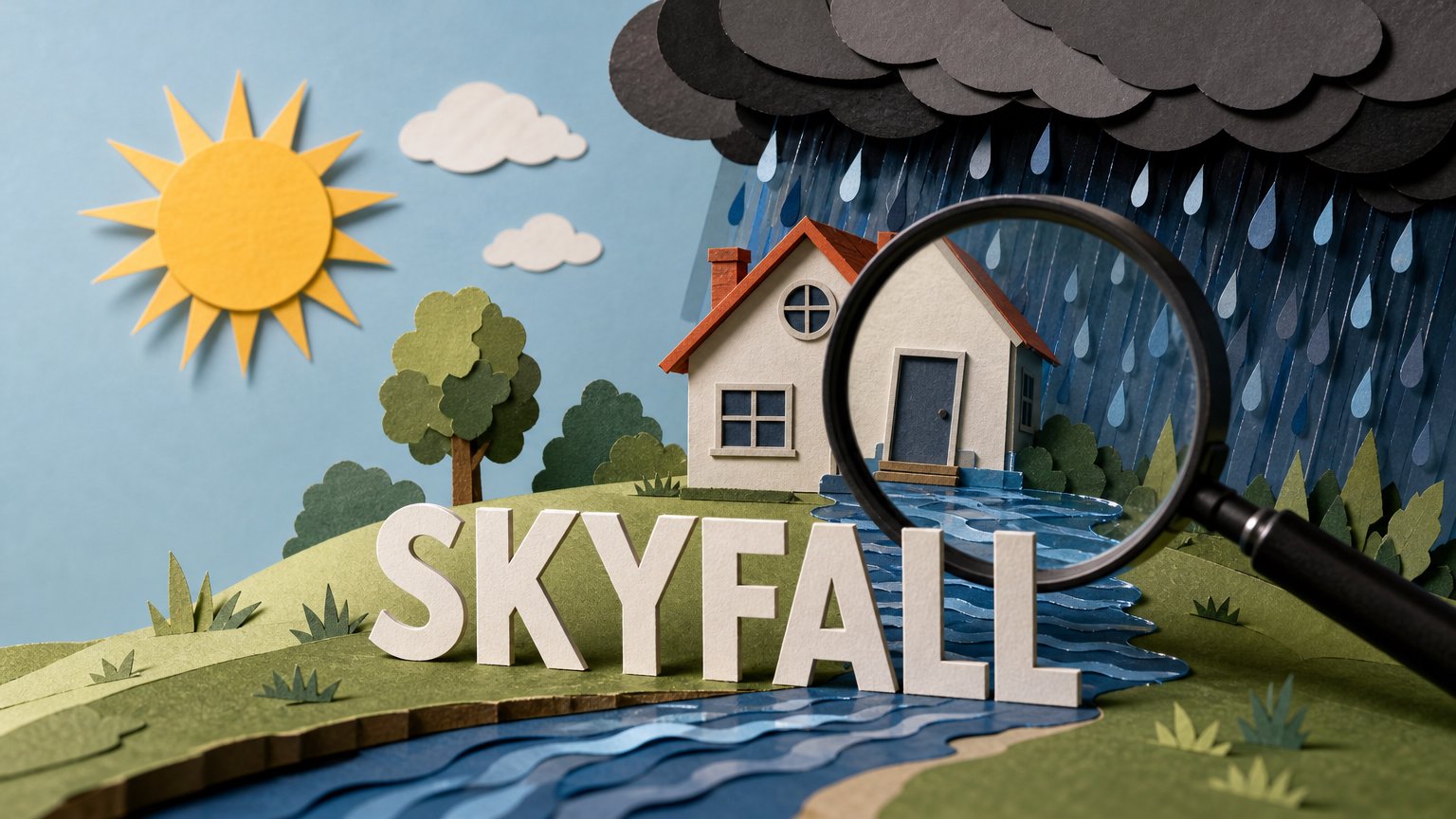 Pappersdiorama med hus vid en stigande bäck, regnmoln, sol och ett stort förstoringsglas, med "SKYFALL" framför.