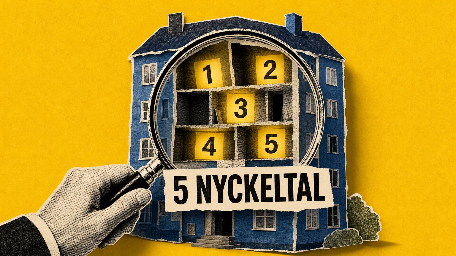 En hand i papperscollage håller ett förstoringsglas över ett flerbostadshus med fem sifferrutor och texten "5 NYCKELTAL".