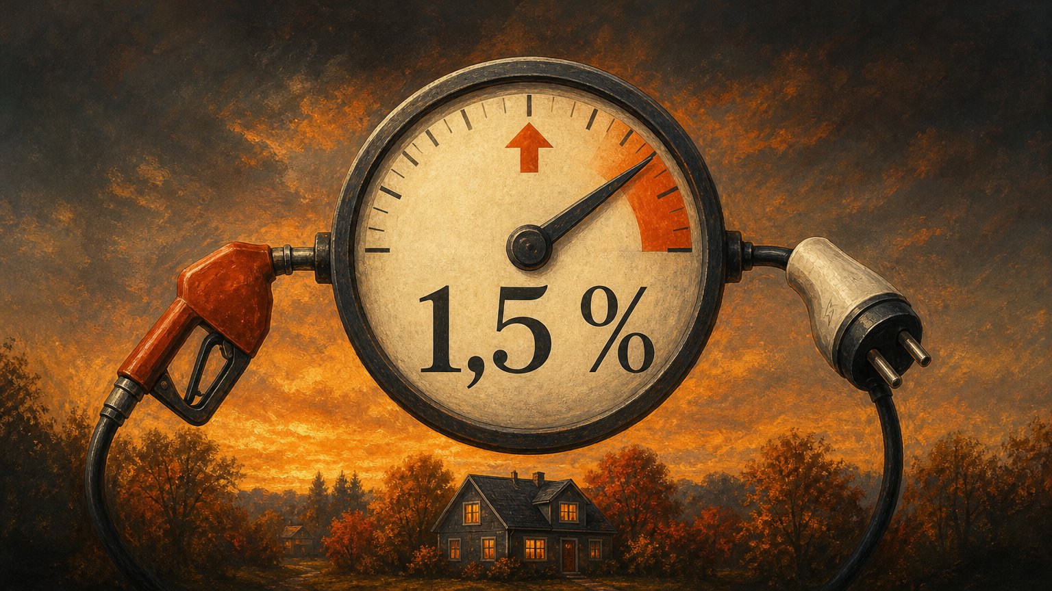 Ett tankmunstycke och en elkontakt är kopplade till en rund mätare märkt 1,5 %, med visaren i en orange zon över ett höstlandskap.