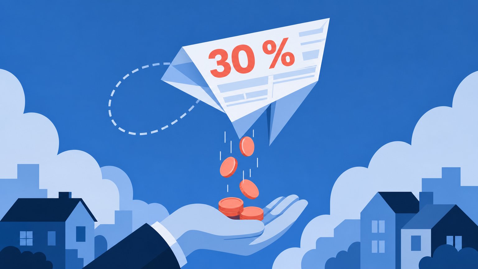 A tax form folded into a paper plane marked "30 %" drops coral coins into an open blue hand above houses.