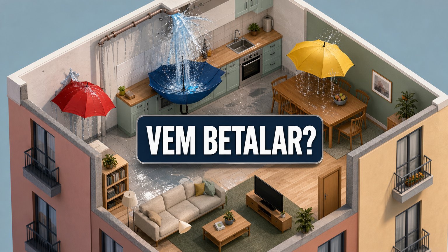 Isometrisk genomskärning av en lägenhet med ett sprucket köksrör, tre färgglada paraplyer och en skylt med texten "VEM BETALAR?"