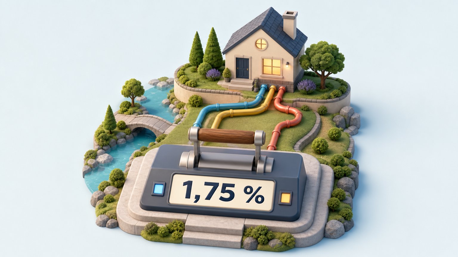 An isometric diorama with a stationary lever, a label reading "1,75 %" and coloured pipes leading to a house with glowing windows.