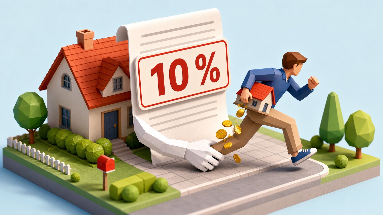 Isometric scene of a home buyer fleeing a giant contract marked "10 %", with a paper hand gripping their ankle and coins spilling.