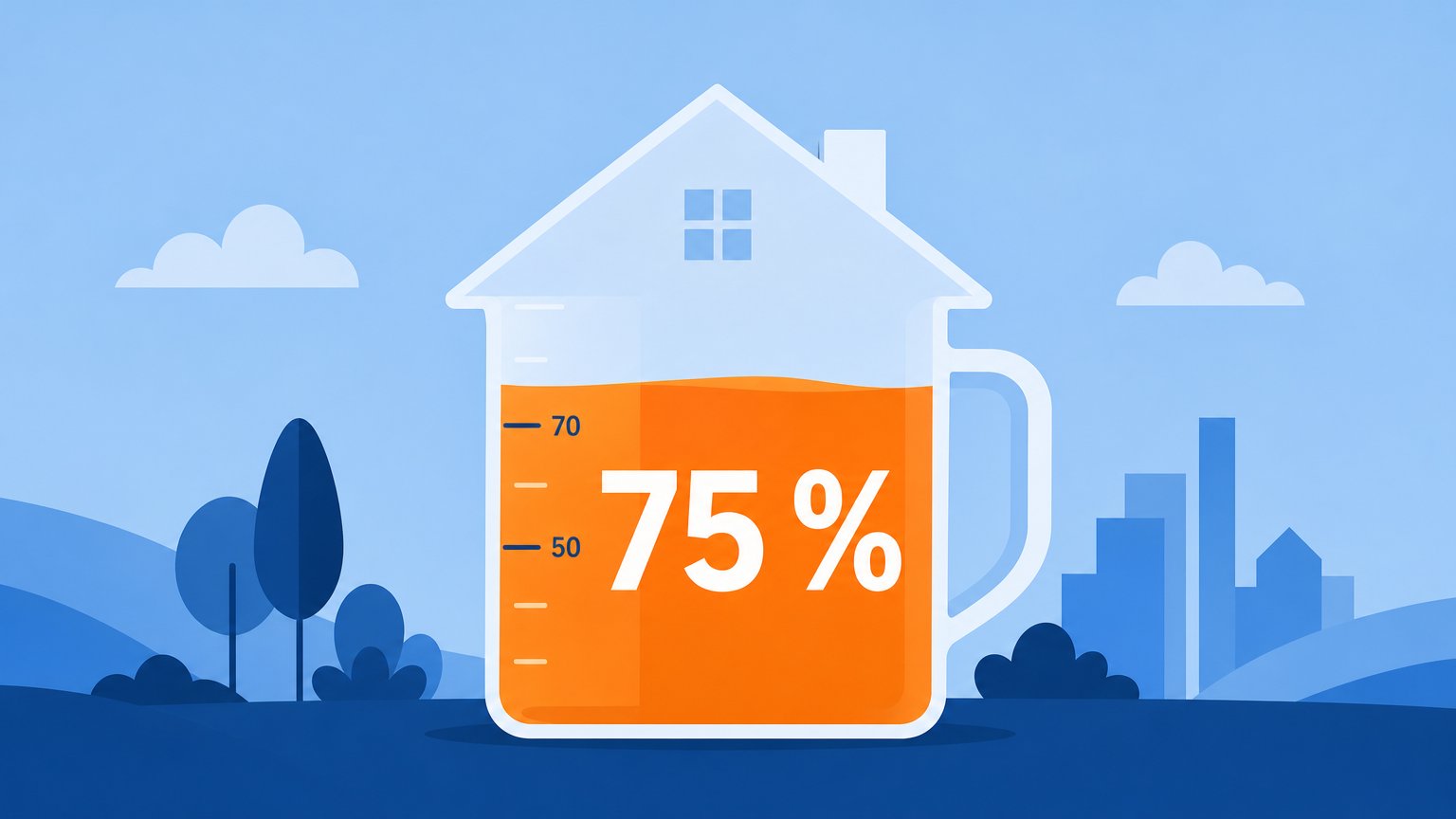 House-shaped measuring jug filled with orange liquid, marked "75 %", against a blue cityscape.