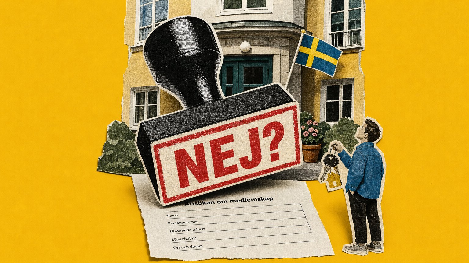 Papperscollage med en jättestämpel märkt "NEJ?" över en blankett framför ett flerbostadshus och en liten köpare med nycklar.