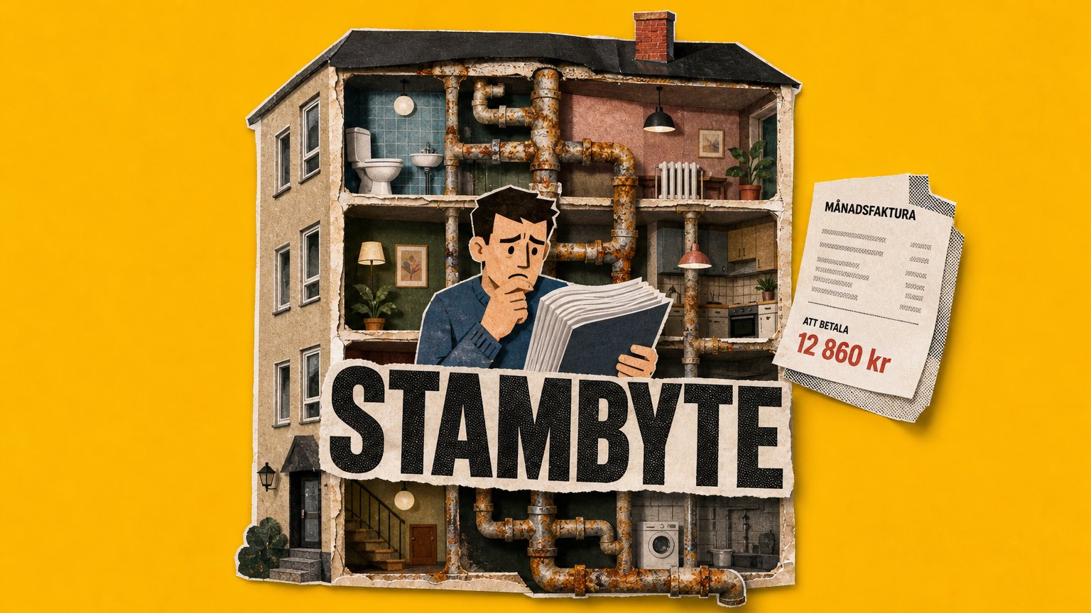 Tidningscollage av ett genomskuret flerbostadshus med rostiga rör, en orolig köpare som läser en rapport, en faktura och "STAMBYTE".
