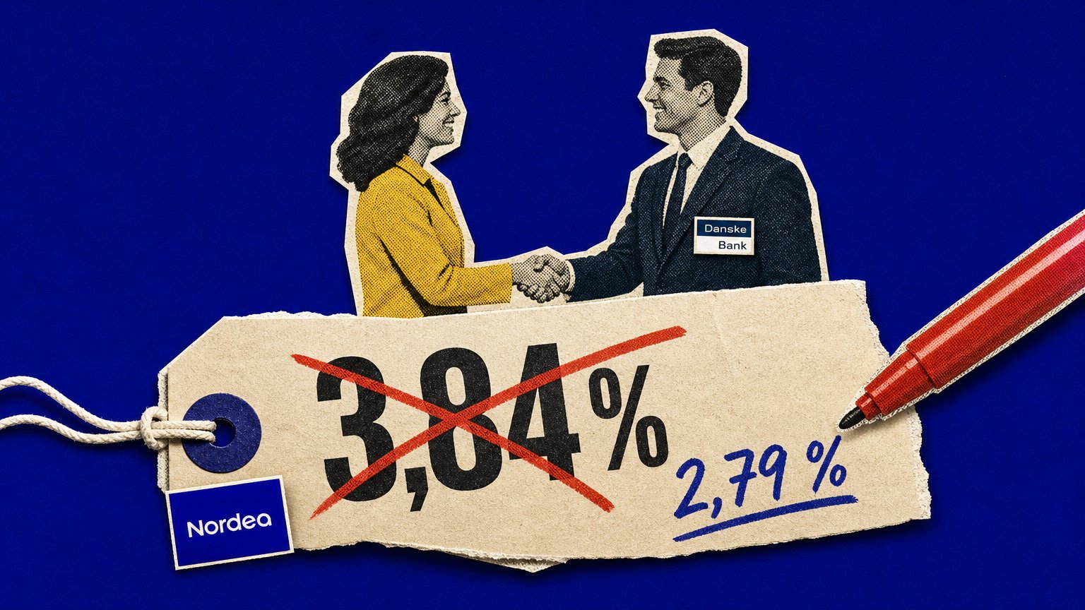Magazine-style collage of a customer and banker shaking hands above a price tag with "3,84 %" crossed out in red and a lower handwritten rate.