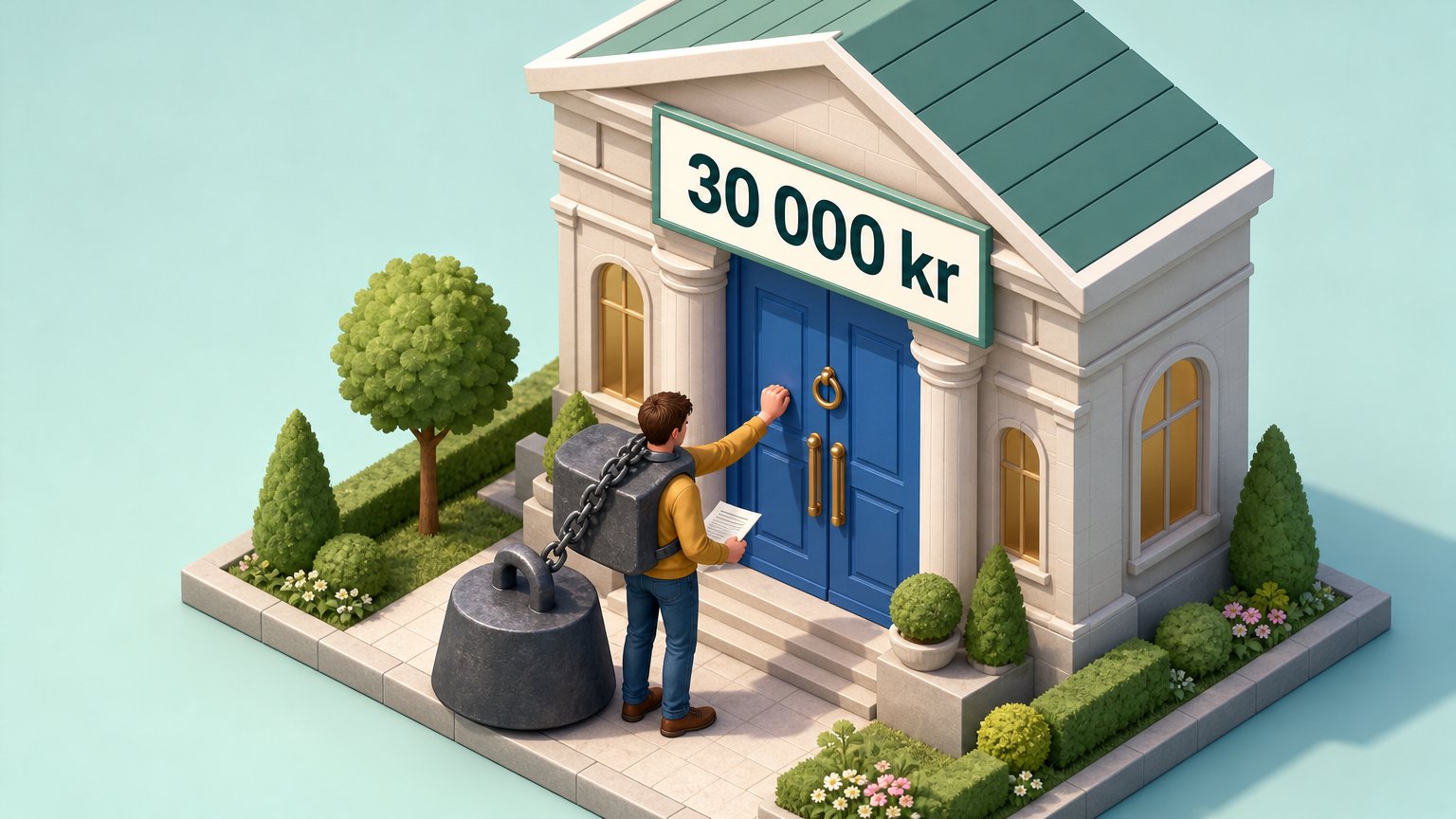 An isometric scene of a homeowner holding a letter and knocking on a bank door, chained to a heavy weight beneath a "30 000 kr" sign.