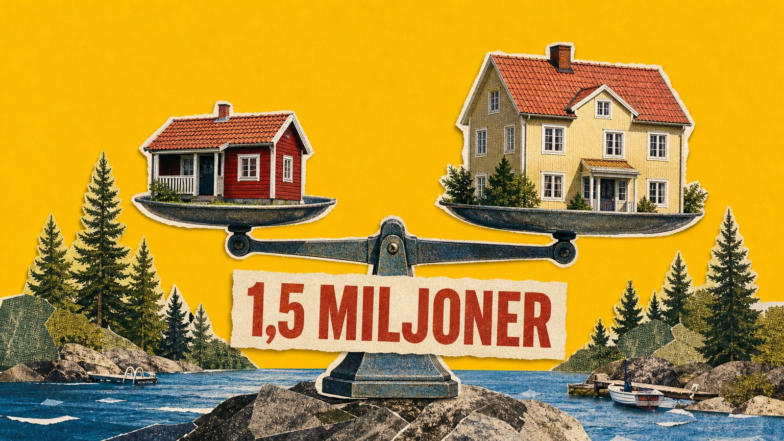 A red cottage and a larger house sit on a balance scale above a lake and pine forest, with the text "1,5 MILJONER".