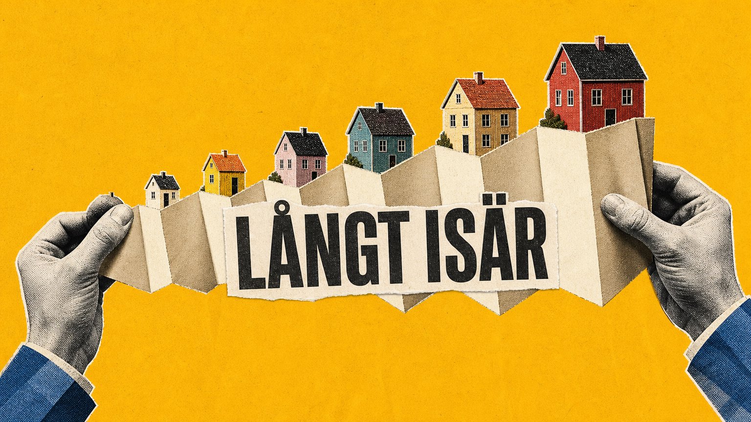 Händer i tidningskollage drar isär ett pappersdragspel med allt högre hus mot gul bakgrund och texten "LÅNGT ISÄR".