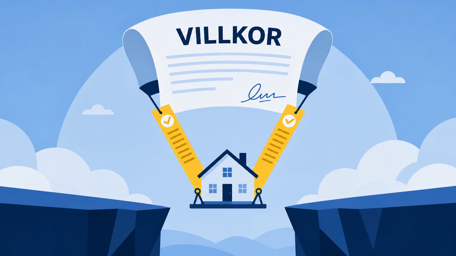A signed contract marked "VILLKOR" acts as a parachute, with two yellow clause straps holding a small blue house above a gap.
