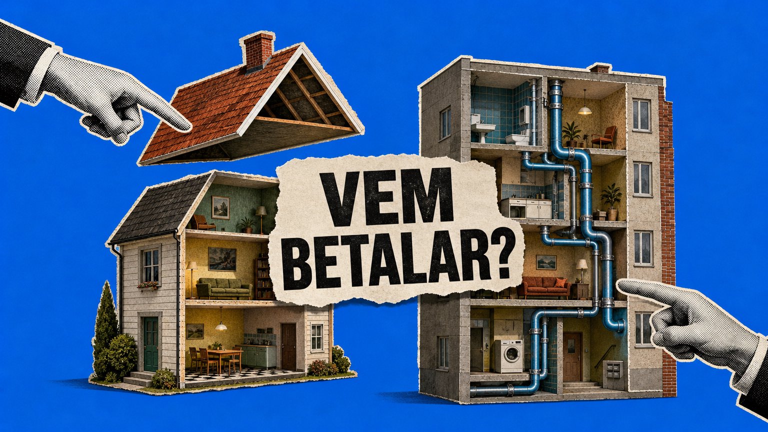 Papperscollage på blått: genomskuren villa med lyft tak, flerbostadshus med synliga rör, pekande händer och "VEM BETALAR?".
