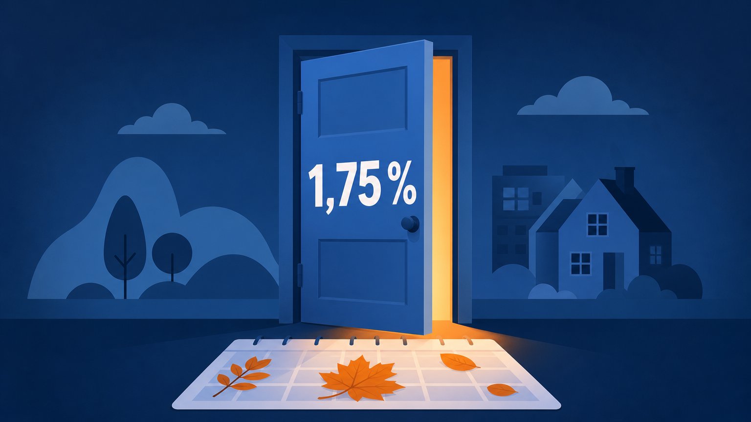 A blue door marked "1,75 %" stands ajar, casting orange light onto a calendar page with autumn leaves.