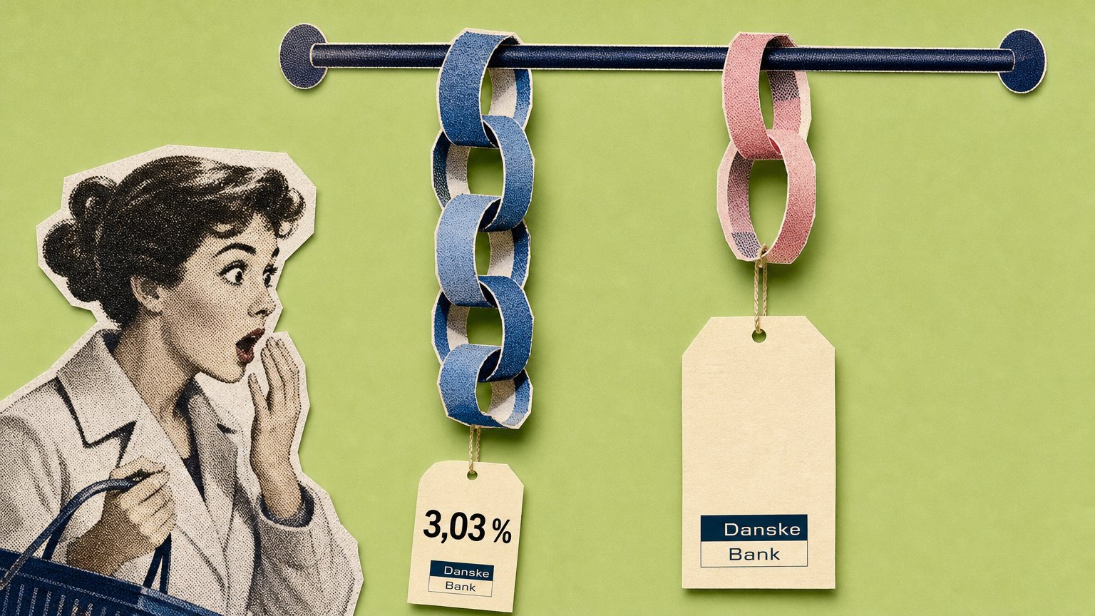 Magazine collage of a surprised shopper beside five-link and two-link paper chains; the longer chain has a small tag reading "3,03 %".