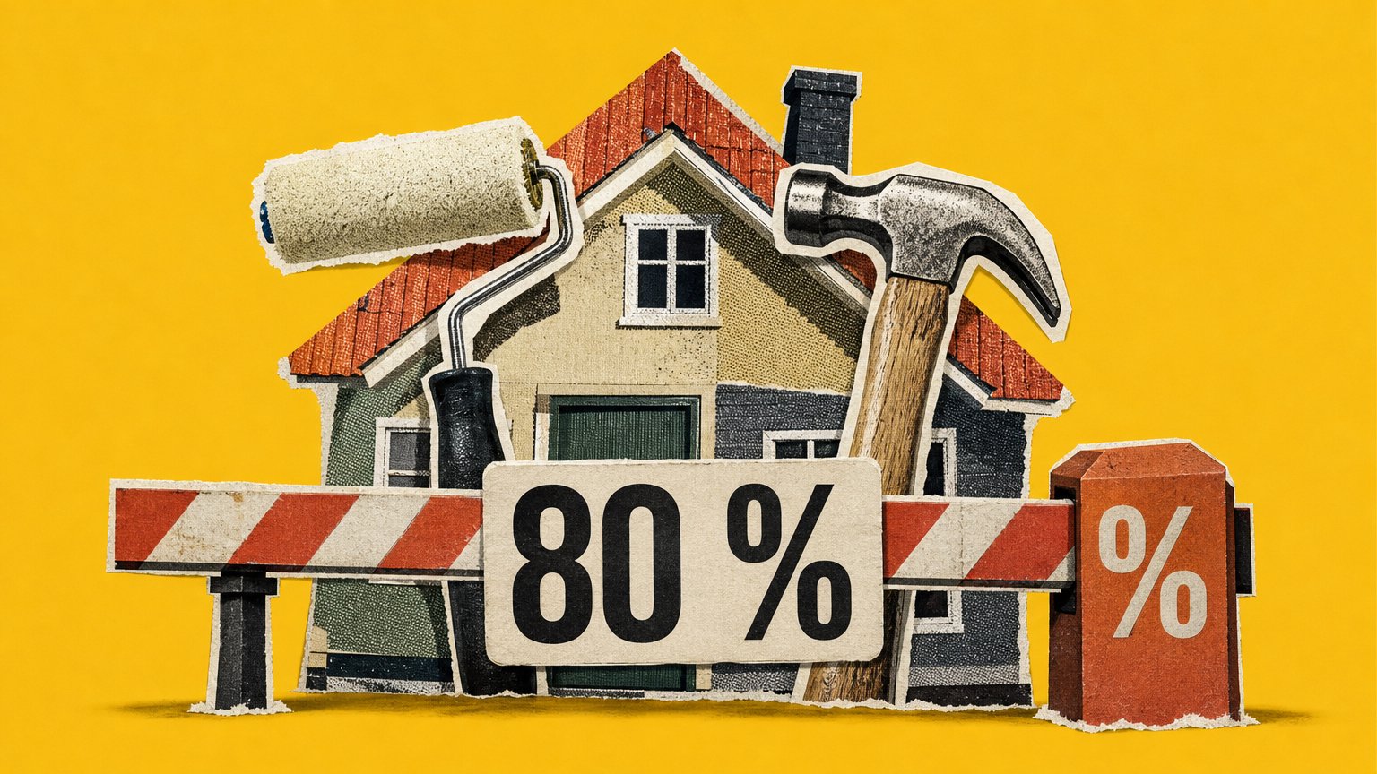 Papperscollage med hus, målarroller och hammare bakom en randig bom med skylten "80 %" i mitten, mot gul bakgrund.