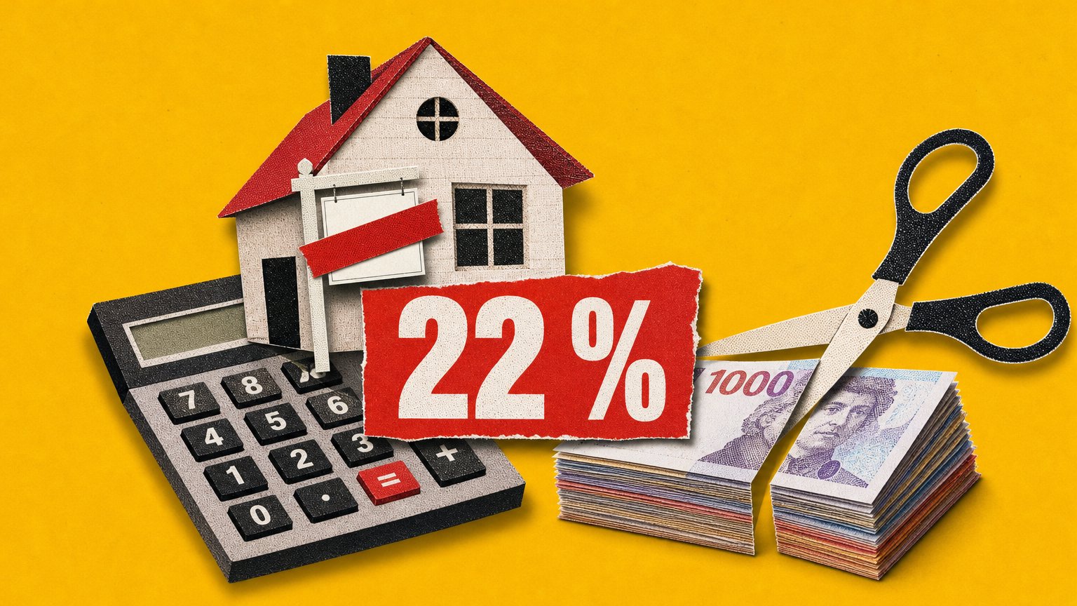 Papperscollage med hus på en miniräknare, tom skylt med rött klistermärke, "22 %" och sax som klipper i en sedelbunt.