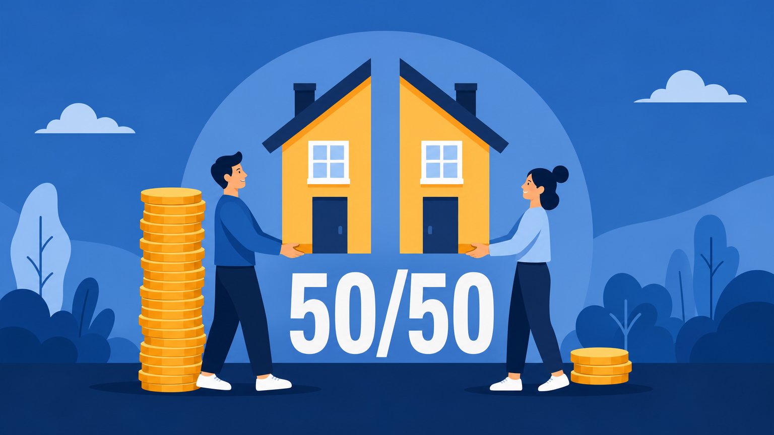 Two partners hold equal halves of a yellow house above "50/50", with a tall stack of coins on the left and a small one on the right.