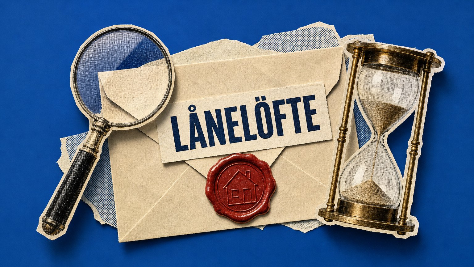 Collage av ett kuvert märkt "LÅNELÖFTE", ett rött lacksigill, ett förstoringsglas och ett timglas i mässing mot blå bakgrund.