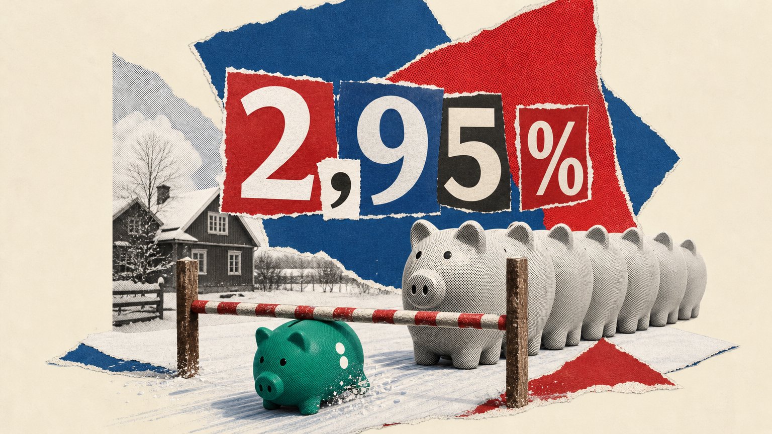 A green piggy bank passes under a limbo bar in a snowy yard while taller piggy banks queue behind it, beneath cut-out text "2,95 %".