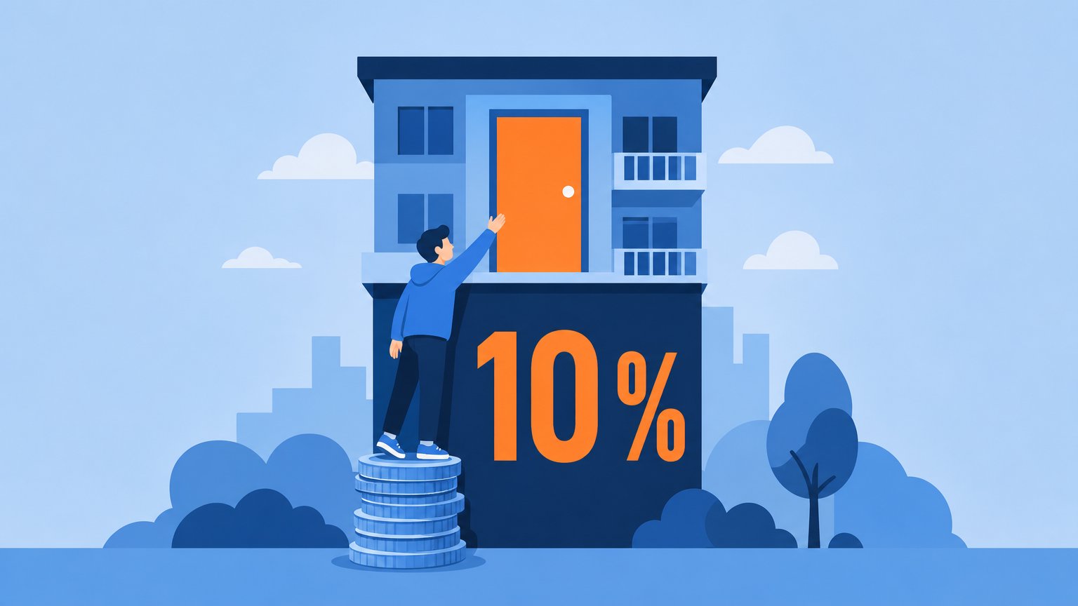 En ung köpare står på blå mynt och sträcker sig mot en orange dörr i ett flerbostadshus, ovanför texten "10 %".
