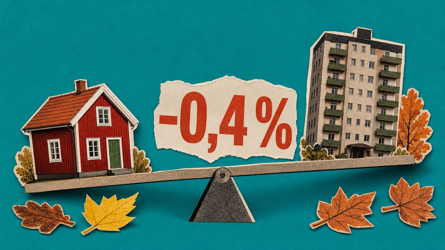 Papperscollage på turkos botten: ett rött hus på gungbrädans låga ände, ett flerfamiljshus på den höga, "-0,4 %" och höstlöv.