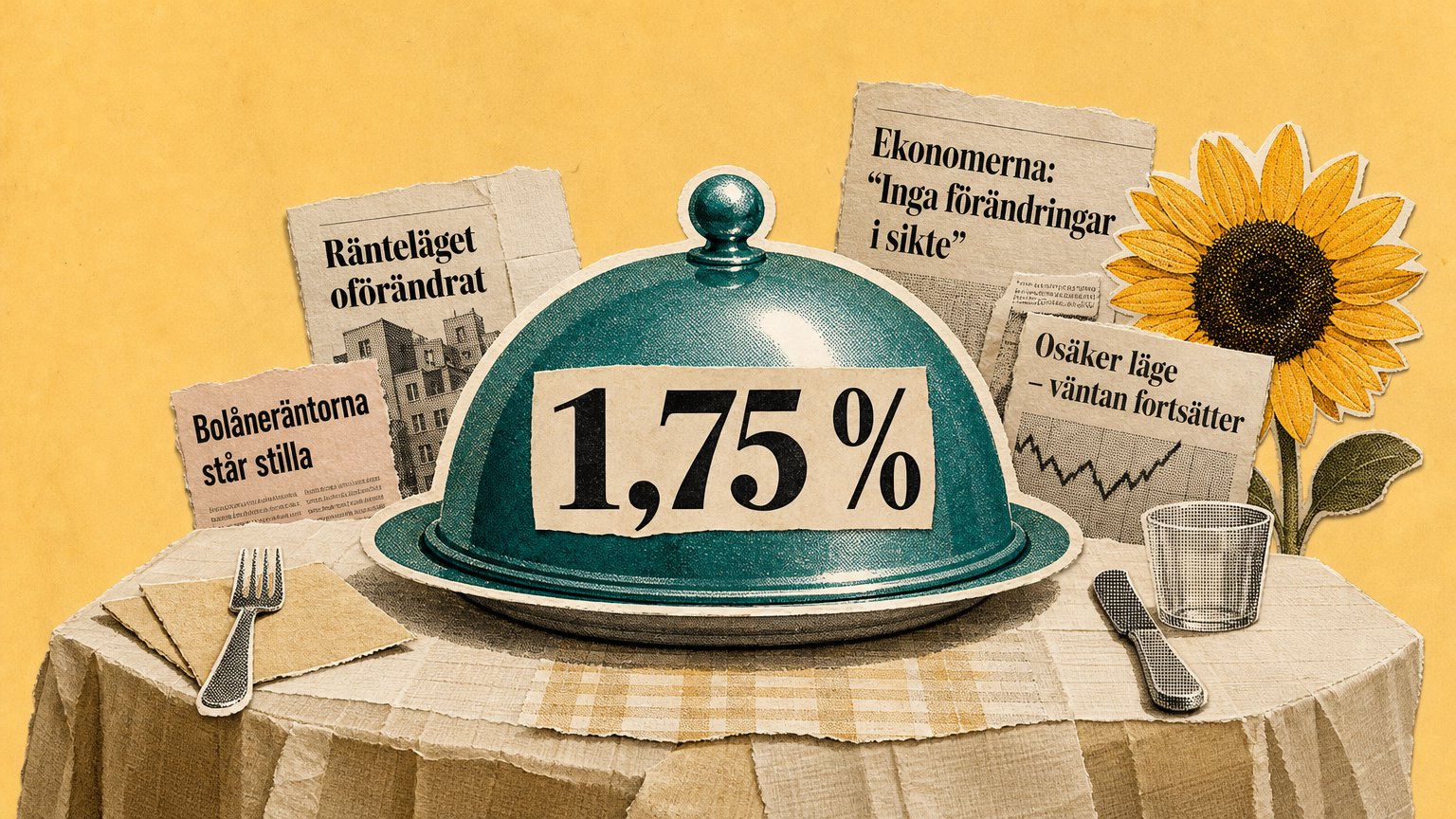 Magazine collage of a teal cloche marked "1,75 %" on a dinner table, surrounded by newspaper clippings and a sunflower.