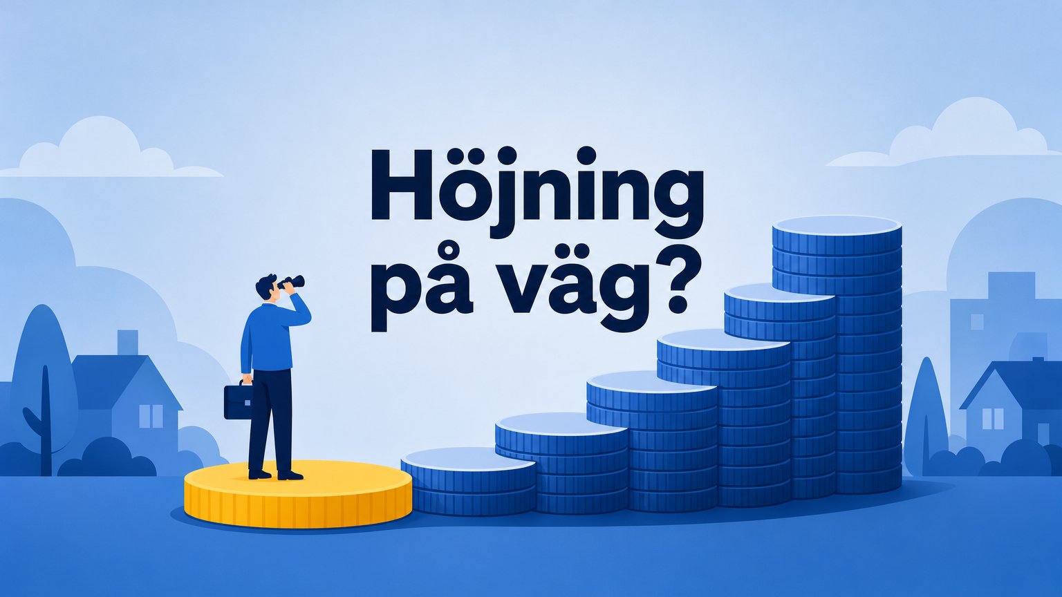En figur med portfölj står på en gul avsats och spanar med kikare mot en trappa av blå mynt under texten "Höjning på väg?"