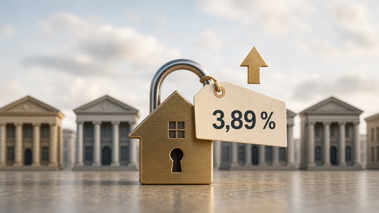 Ett husformat hänglås i mässing med prislappen "3,89 %", en uppåtpil ovanför och små bankbyggnader i bakgrunden.