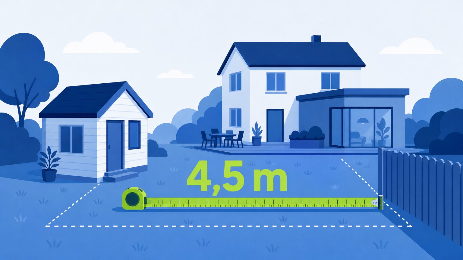 Blå illustration av gästhus, altan och tillbyggnad, med ett grönt måttband märkt "4,5 m" fram till staketet.