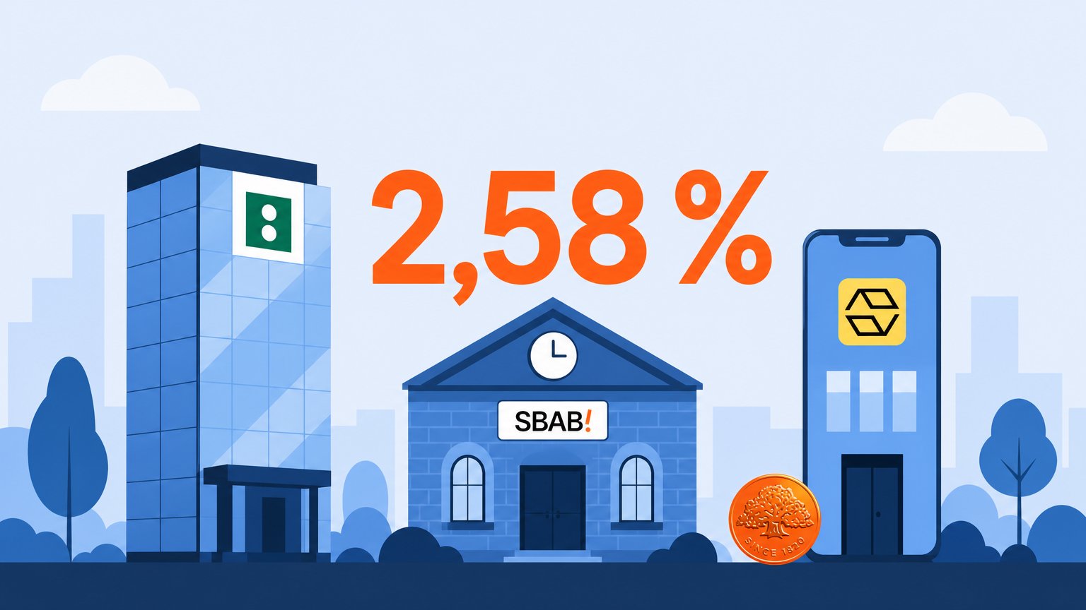 Three blue buildings: a glass bank tower, a small bank with a clock and a phone-shaped lender, beneath orange "2,58 %" text.