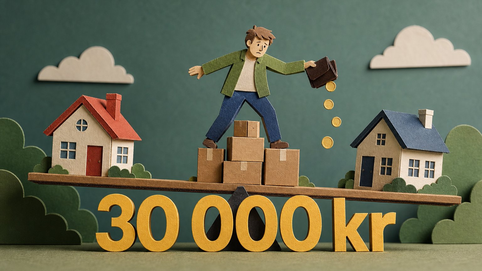 Paper diorama of a person balancing on a seesaw between two houses, with moving boxes, coins falling from a wallet and "30 000 kr".