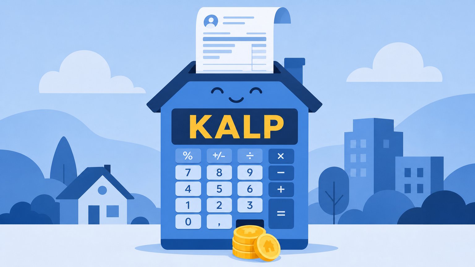 Blue house-shaped calculator with a smiling face, yellow "KALP" text, a payslip entering the roof and coins below.
