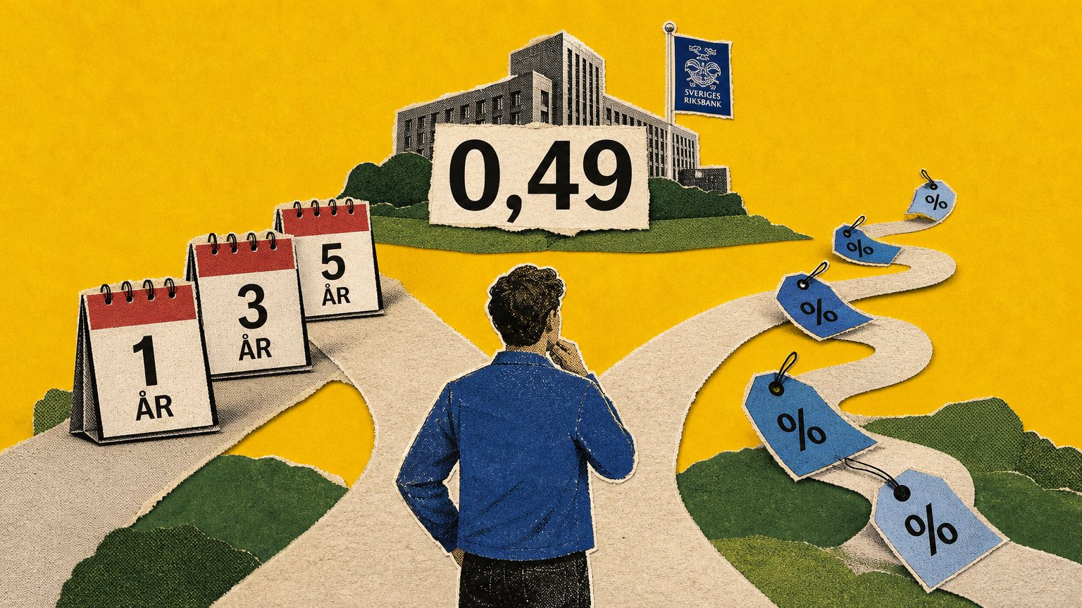 Papperscollage med en husägare vid ett vägskäl mellan kalenderblad och en slingrande väg med räntelappar, med "0,49" ovanför.