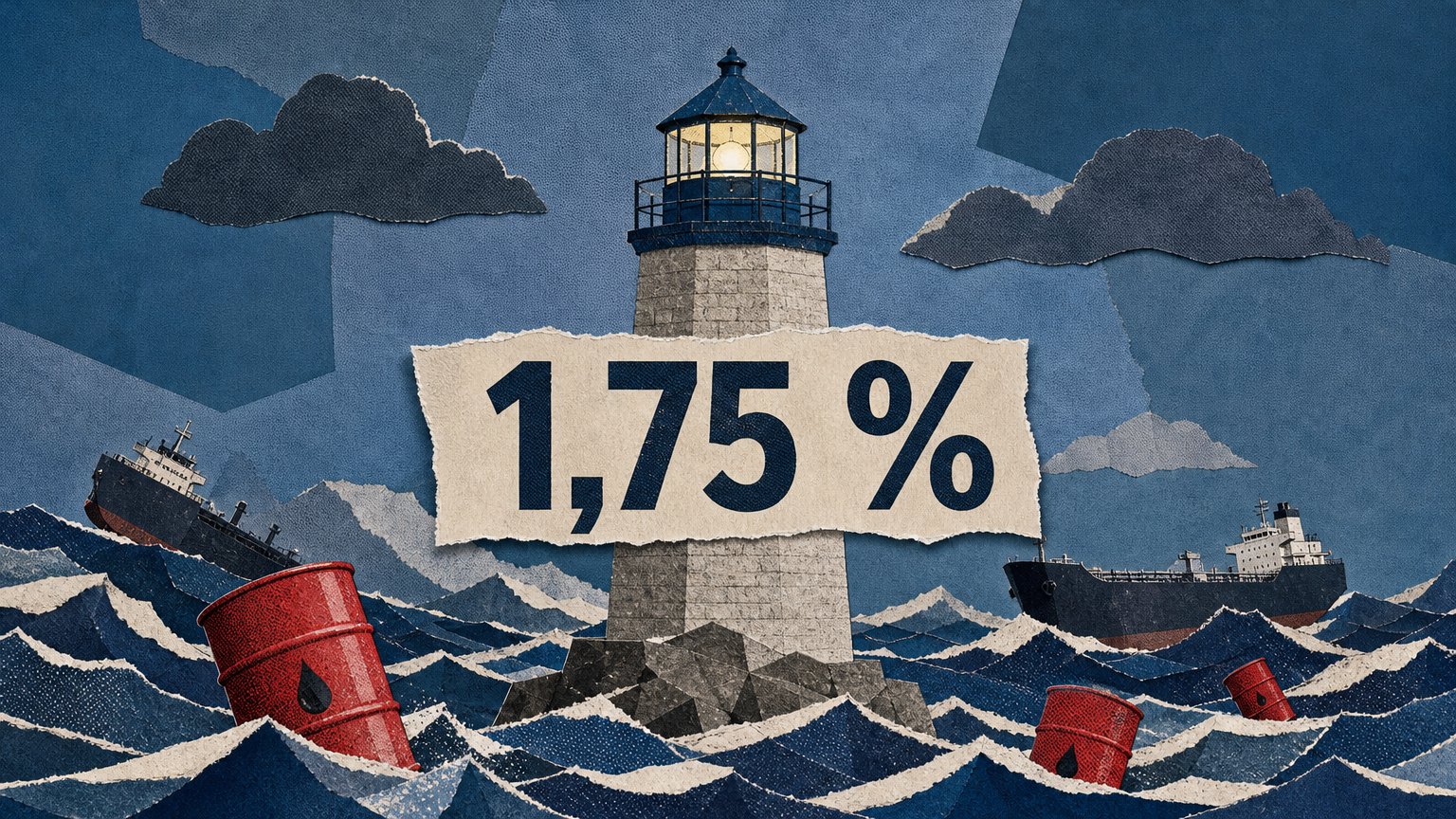 Paper collage of a stone lighthouse marked "1,75 %", surrounded by stormy blue waves, red oil barrels and tanker ships.